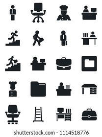 Set of vector isolated black icon - manager vector, desk, place, ladder, folder, career, cook, office chair, case