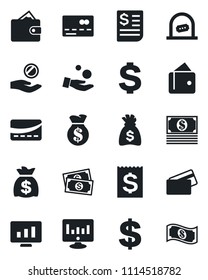 Set of vector isolated black icon - credit card vector, ticket office, dollar sign, money bag, statistic monitor, cash, receipt, wallet, investment