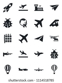 Set of vector isolated black icon - plane vector, departure, arrival, ladder car, boarding, helicopter, seat map, globe, airport building, lady bug, rocket, paper, air balloon