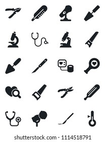 Set of vector isolated black icon - trowel vector, pruner, saw, stethoscope, blood pressure, thermometer, heart diagnostic, microscope, scalpel, microphone