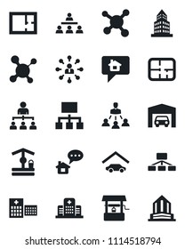 Set of vector isolated black icon - hierarchy vector, well, molecule, hospital, office building, garage, plan, home message