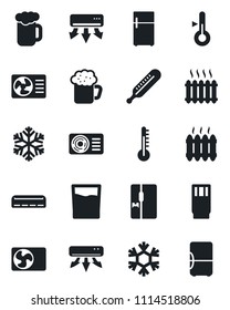 Set of vector isolated black icon - thermometer vector, heater, air conditioner, fridge, drink, beer, snowflake