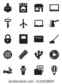 Set of vector isolated black icon - shop vector, lock, flower in pot, hoe, route, folder document, package, vinyl, tv, copybook, target, notebook pc, mail, bacon, turkish coffee, washer, windmill