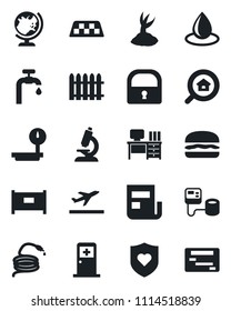 Set of vector isolated black icon - fence vector, taxi, departure, globe, medical room, desk, sproute, water drop, hose, blood pressure, microscope, heart shield, heavy scales, lock, news, supply
