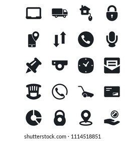 Set of vector isolated black icon - phone vector, lock, notebook pc, circle chart, lawn mower, mobile tracking, car delivery, heavy, microphone, paper pin, mail, clock, data exchange, place tag