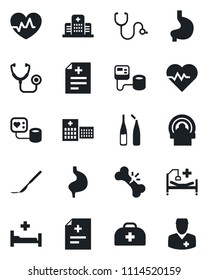 Set of vector isolated black icon - heart pulse vector, doctor case, diagnosis, stethoscope, blood pressure, ampoule, scalpel, tomography, hospital bed, stomach, broken bone