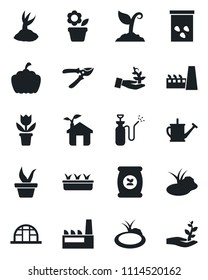 Set of vector isolated black icon - flower in pot vector, seedling, watering can, sproute, pruner, pumpkin, greenhouse, seeds, pond, garden sprayer, fertilizer, factory, eco house, palm