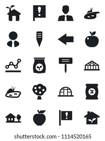 Set of vector isolated black icon - left arrow vector, plant label, greenhouse, fertilizer, important flag, point graph, house with tree, pond, fruit, estate agent, apple, eco