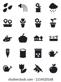 Set of vector isolated black icon - flower in pot vector, seedling, watering can, rain, plant label, pumpkin, seeds, tulip, oil barrel, house with tree, pond, rolling pin, apple fruit
