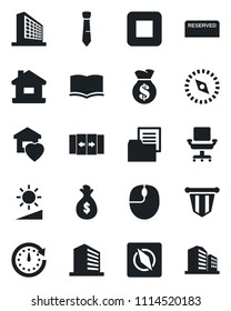 Set of vector isolated black icon - automatic door vector, office building, book, pennant, mouse, folder document, stop button, brightness, compass, chair, tie, house, sweet home, reserved, clock