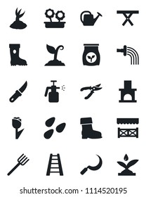 Set of vector isolated black icon - farm fork vector, ladder, watering can, sproute, pruner, boot, sickle, garden knife, fireplace, seeds, picnic table, sprayer, fertilizer, tulip, flower in pot