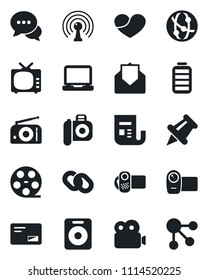 Set of vector isolated black icon - reel vector, camera, radio, antenna, news, tv, video, network, dialog, laptop pc, chain, speaker, heart, paper pin, battery, mail, social media