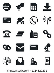 Set of vector isolated black icon - antenna vector, satellite, 24 hours, microphone, radio phone, chain, mail, sim, network, download, paper tray, home control app