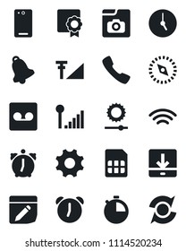 Set of vector isolated black icon - phone back vector, call, settings, clock, alarm, stopwatch, bell, record, sim, notes, download, wireless, brightness, compass, photo gallery, cellular signal