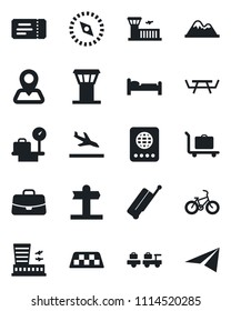 Set of vector isolated black icon - airport tower vector, taxi, suitcase, arrival, baggage trolley, ticket, passport, bed, larry, luggage scales, building, case, picnic table, bike, signpost