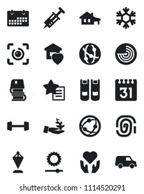 Set of vector isolated black icon - radar vector, book, pennant, syringe, barbell, heart hand, network, favorites list, calendar, brightness, eye id, house with garage, sweet home, snowflake, car