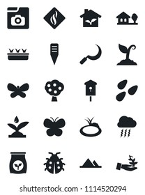 Set of vector isolated black icon - storm cloud vector, sproute, butterfly, lady bug, seedling, sickle, plant label, seeds, pond, bird house, fertilizer, photo gallery, with tree, fruit, mountains