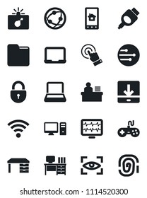 Set of vector isolated black icon - bomb in case vector, lock, desk, notebook pc, monitor pulse, gamepad, network, touch screen, hdmi, folder, download, wireless, manager, home control app, eye scan