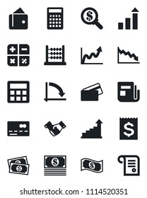 Set of vector isolated black icon - credit card vector, handshake, growth statistic, calculator, crisis graph, cash, receipt, news, abacus, wallet, money search, contract
