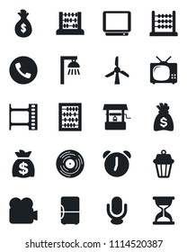 Set of vector isolated black icon - phone vector, abacus, money bag, well, film frame, vinyl, tv, video camera, microphone, alarm, outdoor lamp, fridge, windmill, sand clock