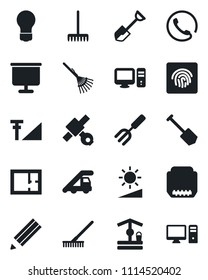 Set of vector isolated black icon - ladder car vector, bulb, job, garden fork, shovel, rake, well, satellite, hdmi, brightness, fingerprint id, cellular signal, presentation board, pencil, plan, pc