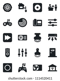 Set of vector isolated black icon - passport control vector, radar, stamp, gamepad, settings, fast forward, rec button, tuning, record, air conditioner, vip zone, home, remote, intercome