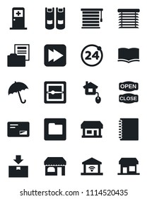 Set of vector isolated black icon - 24 around vector, umbrella, shop, medical room, book, store, package, mail, fast forward, scanner, folder, copybook, document, open close, home control, jalousie