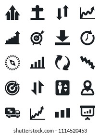 Set of vector isolated black icon - elevator vector, growth statistic, crisis graph, signpost, navigation, sorting, update, data exchange, download, compass, bar, moving, target, arrow up, clock