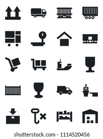 Set of vector isolated black icon - railroad vector, sea shipping, truck trailer, cargo container, car delivery, port, consolidated, fragile, warehouse storage, up side sign, no hook, package, rack
