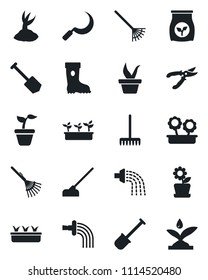 Set of vector isolated black icon - job vector, shovel, rake, seedling, watering, sproute, pruner, boot, hoe, sickle, fertilizer, flower in pot, irrigation