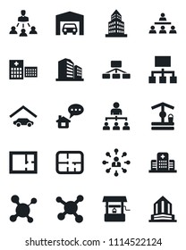 Set of vector isolated black icon - hierarchy vector, well, molecule, hospital, office building, garage, plan, home message