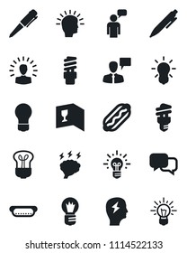 Set of vector isolated black icon - speaking man vector, pen, brainstorm, bulb, dialog, wine card, hot dog, energy saving, shining head, idea