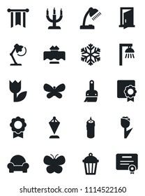 Set of vector isolated black icon - pennant vector, butterfly, garden light, tulip, themes, sertificate, desk lamp, cushioned furniture, restaurant table, candle, snowflake, outdoor, door, pennon