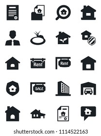 Set of vector isolated black icon - office building vector, house, pond, contract, with garage, estate document, sale, rent, search, agent, smart home, insurance, eco, message
