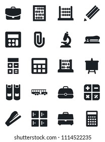 Set of vector isolated black icon - airport bus vector, checkroom, book, calculator, abacus, presentation board, microscope, case, paper clip, pencil, stapler