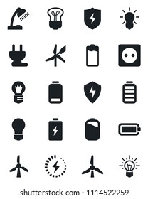 Set of vector isolated black icon - bulb vector, battery, low, protect, charge, desk lamp, windmill, socket, power plug, idea