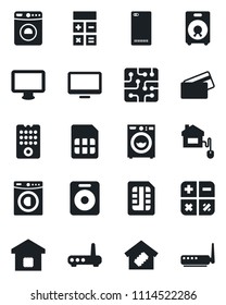 Set of vector isolated black icon - washer vector, calculator, monitor, speaker, phone back, sim, smart home, credit card, control, chip, remote, router