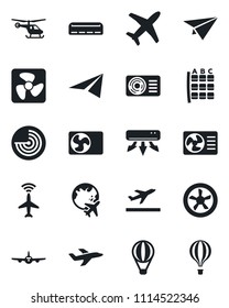 Set of vector isolated black icon - plane radar vector, departure, helicopter, seat map, globe, air conditioner, fan, paper, balloon