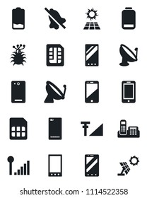 Set of vector isolated black icon - satellite antenna vector, mobile phone, virus, cell, low battery, back, sim, mute, cellular signal, office, sun panel