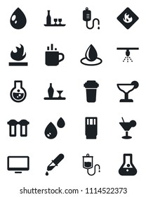 Set of vector isolated black icon - hot cup vector, water drop, dropper, flammable, monitor, alcohol, drink, cocktail, filter, sprinkler, flask