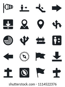 Set of vector isolated black icon - elevator vector, escalator, signpost, right arrow, left, wind, radar, route, pin, download, compass, flag, guidepost