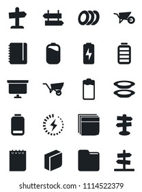 Set of vector isolated black icon - signpost vector, notepad, presentation board, wheelbarrow, battery, low, folder, charge, blank box, plates, guidepost