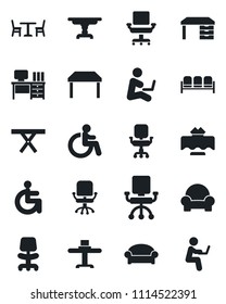 Set of vector isolated black icon - cafe vector, waiting area, disabled, office chair, desk, picnic table, cushioned furniture, restaurant, man with notebook
