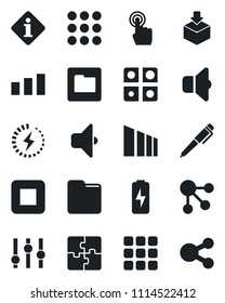 Set of vector isolated black icon - package vector, sorting, settings, touch screen, stop button, menu, folder, charge, application, pen, sound, information, social media