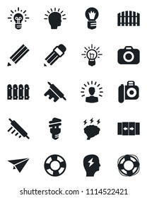 Set of vector isolated black icon - automatic door vector, brainstorm, bulb, camera, pencil, fence, rolling pin, energy saving, shining head, idea, paper plane, crisis management