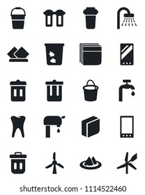 Set of vector isolated black icon - trash bin vector, shower, bucket, tooth, mobile, blank box, water supply, serviette, filter, windmill