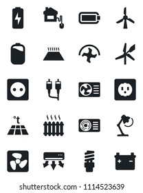 Set of vector isolated black icon - ripper vector, rca, battery, charge, desk lamp, heater, air conditioner, home control, socket, fan, warm floor, energy saving bulb, windmill