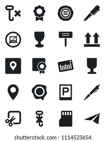 Set of vector isolated black icon - parking vector, no laptop, pen, stamp, plant label, pin, fragile, up side sign, hook, barcode, sd, cut, place tag, sertificate, paper plane