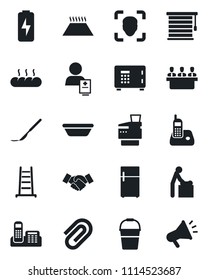 Set of vector isolated black icon - baby room vector, safe, handshake, ladder, bucket, scalpel, patient, radio phone, face id, charge, paper clip, office, meeting, copier, bread, bowl, warm floor