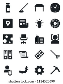 Set of vector isolated black icon - office binder vector, rake, hoe, caterpillar, pills blister, ampoule, patient, vinyl, radio phone, settings, clock, place tag, face id, news, chair, table, cheese
